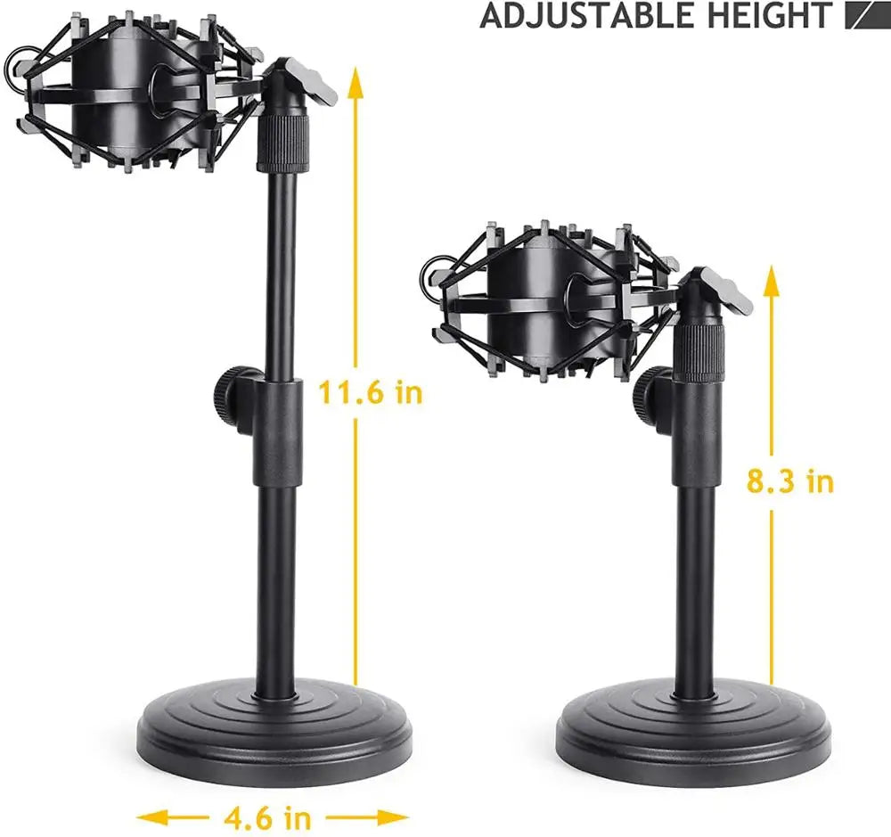Black adjustable desktop microphone stand with shock mount for secure recording compatible with at2020usb+