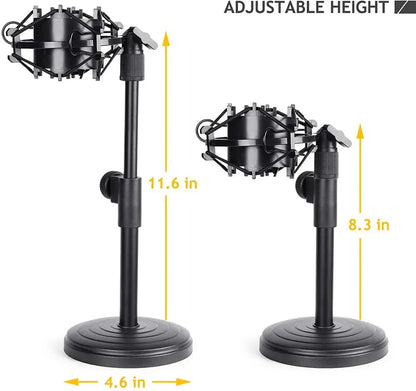 Black adjustable desktop microphone stand with shock mount for secure recording compatible with at2020usb+