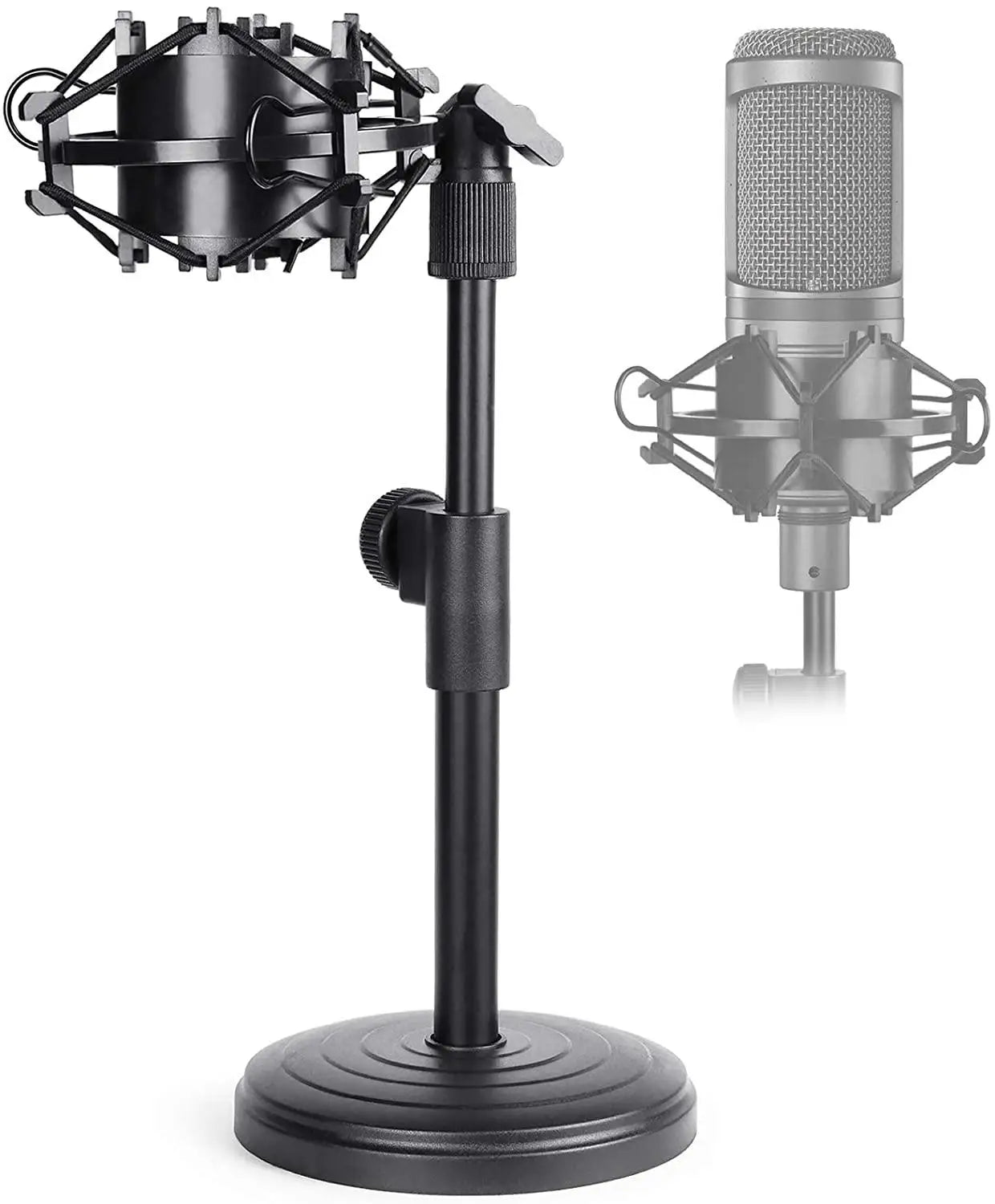 Black adjustable desktop microphone stand with circular base and articulated arm for at2020usb+ condenser mic