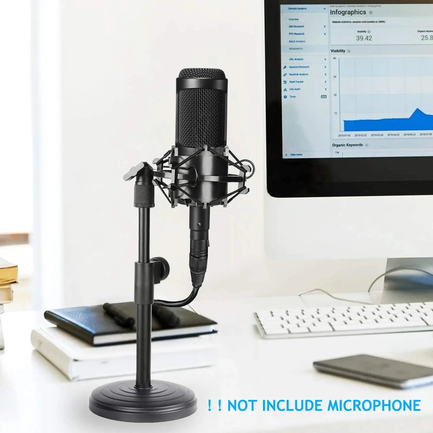 Black desktop microphone stand with adjustable height and circular base compatible with at2020usb+ and similar mics