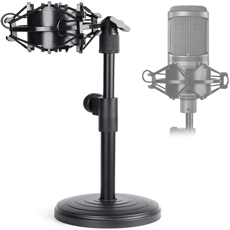 Black desktop microphone stand with adjustable height and shock mount for at2020usb+ studio recording use