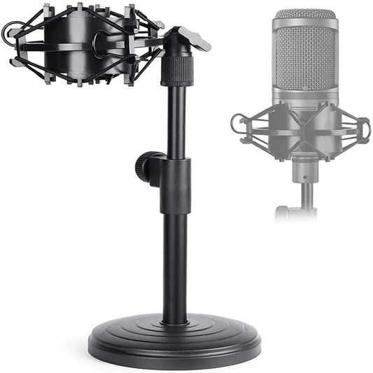 Black desktop microphone stand with adjustable height and shock mount for at2020usb+ studio recording use