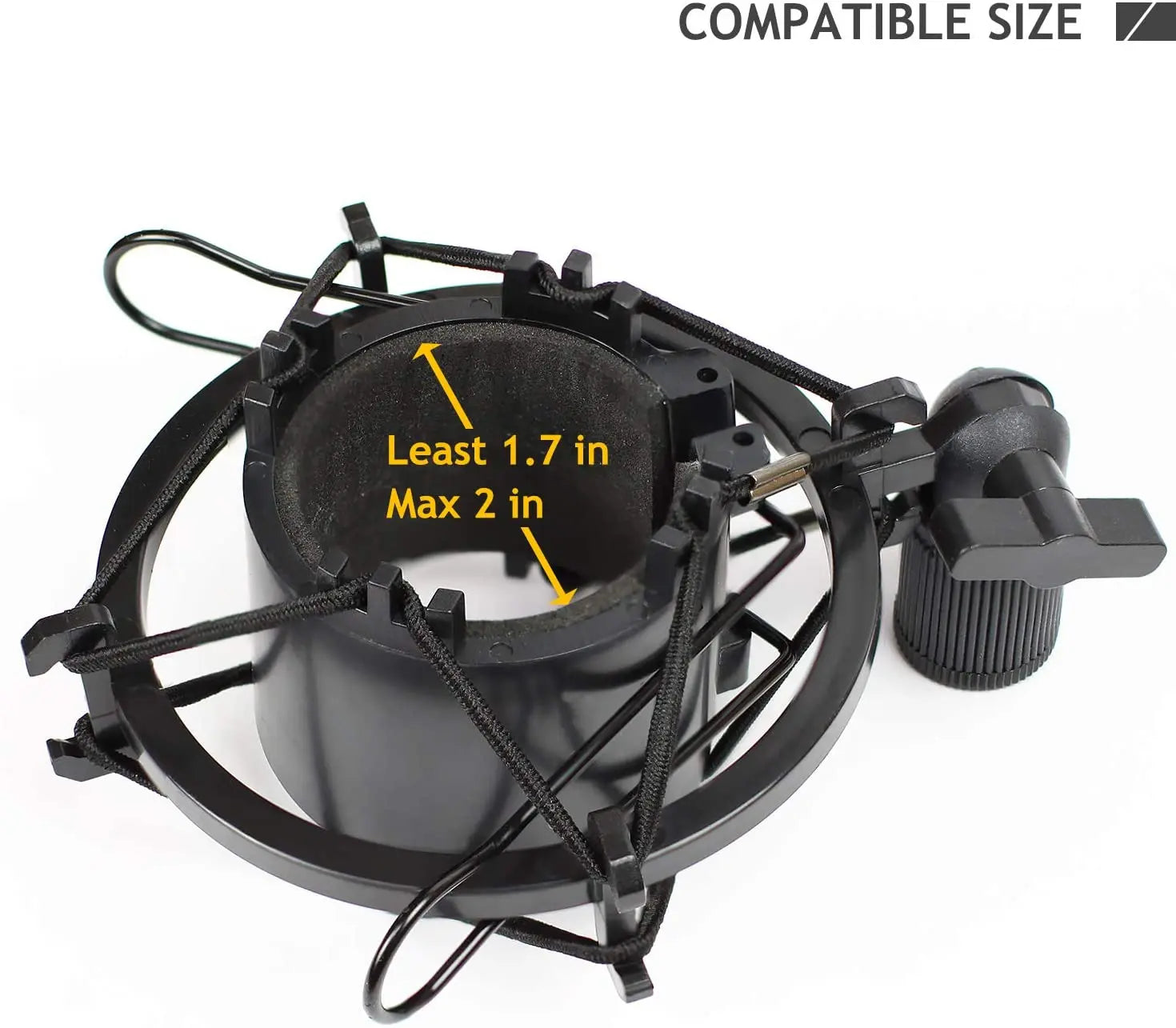 Black plastic desktop microphone stand with adjustable mesh cage and foam insert for at2020usb+ and table mic use