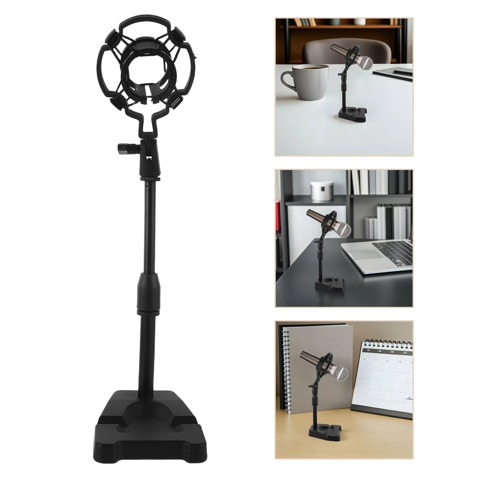 Black desktop microphone stand with circular shock mount and sturdy base for live recording shockproof use