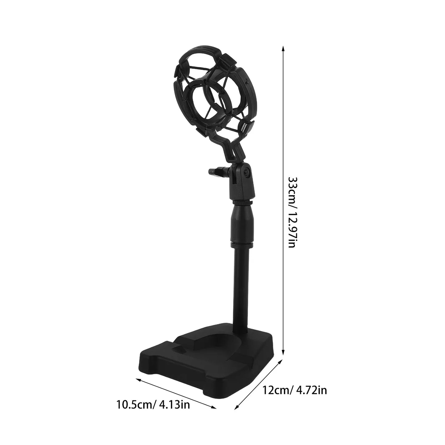 Black desktop microphone stand with circular adjustable head for live recording shockproof and height-adjustable use