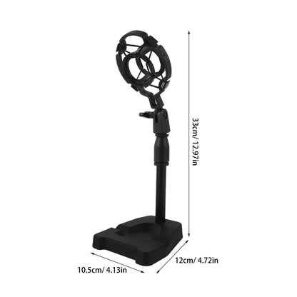 Black desktop microphone stand with circular adjustable head for live recording shockproof and height-adjustable use