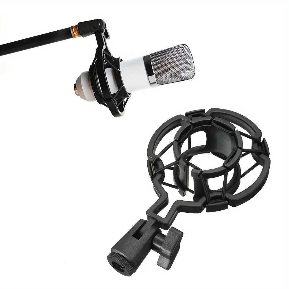 Black metal desktop microphone stand with adjustable clamp, circular mesh guard, rotatable, height-adjustable for live recording shockproof use