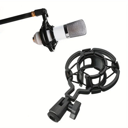 Black metal desktop microphone stand with adjustable clamp, circular mesh guard, rotatable, height-adjustable for live recording shockproof use