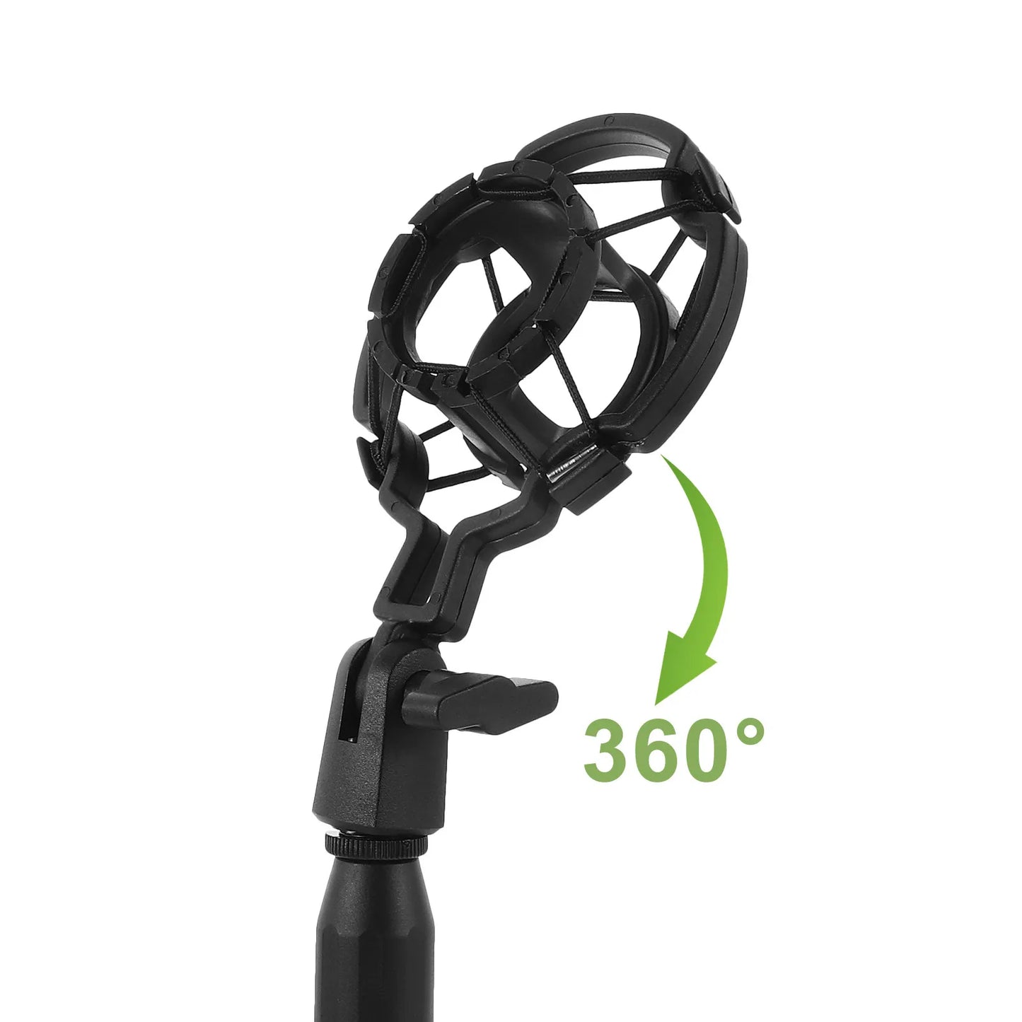 Black plastic desktop microphone stand with 360-degree rotating head height-adjustable for live recording shockproof use