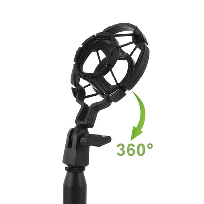 Black plastic desktop microphone stand with 360-degree rotating head height-adjustable for live recording shockproof use