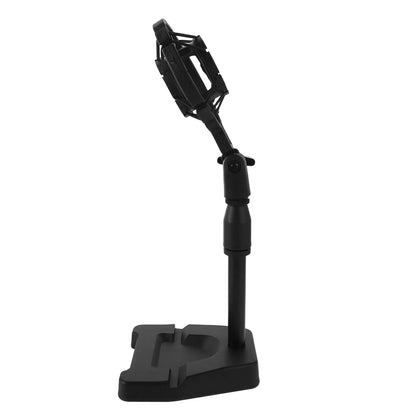 Black plastic desktop microphone stand with adjustable arm and sturdy base for live recording shockproof use