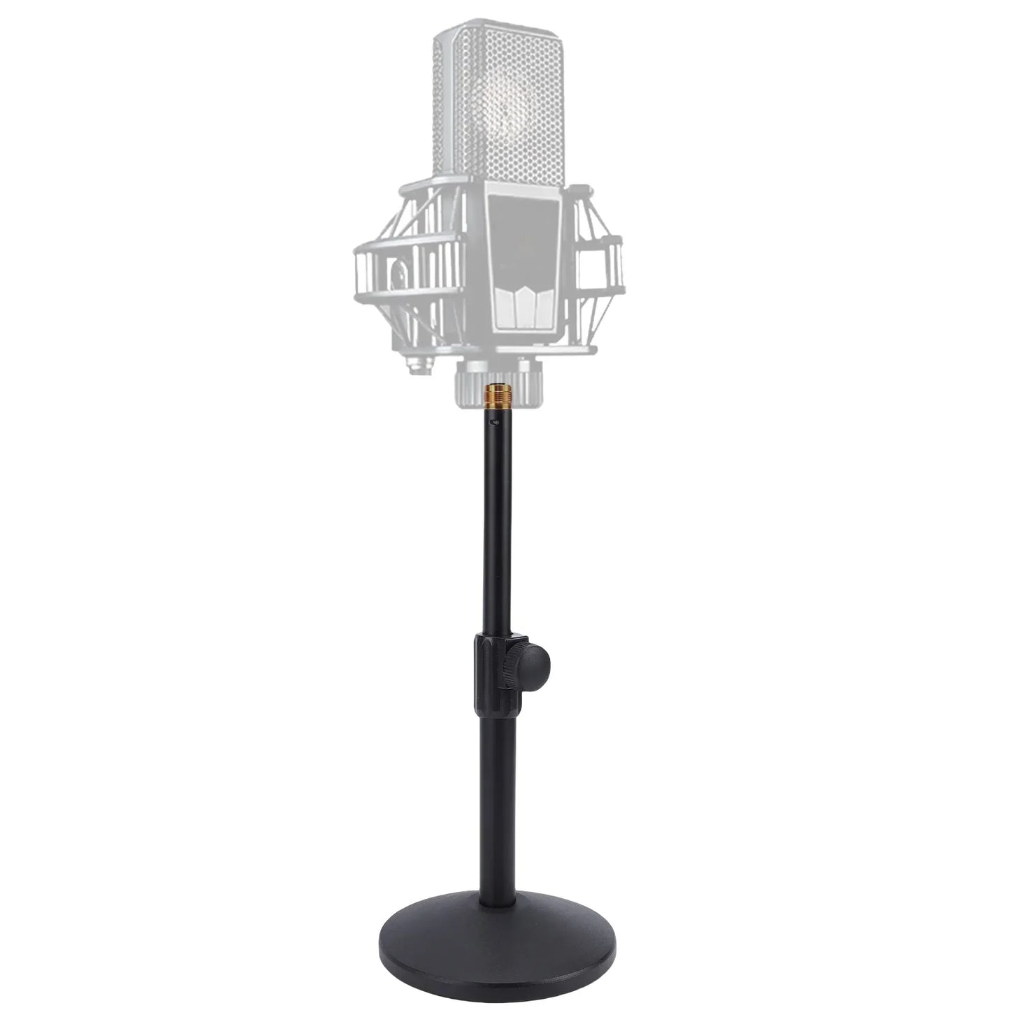 Black heavy duty metal desktop microphone stand with adjustable height and gold threaded connector supporting condenser mic