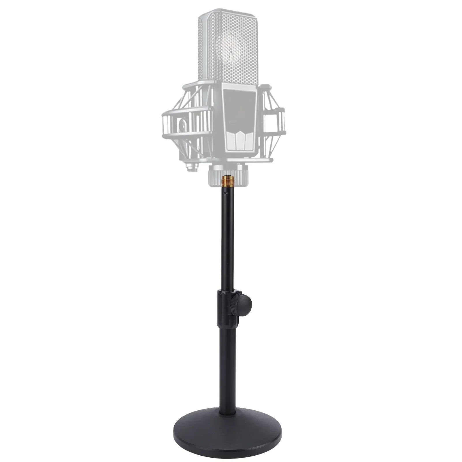 Black heavy duty metal desktop microphone stand with adjustable height and gold threaded connector supporting condenser mic