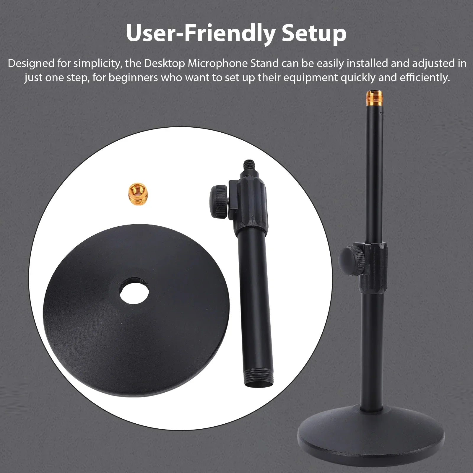 Black heavy duty metal desktop microphone stand with gold threaded top and adjustable height desk mic stand mechanism