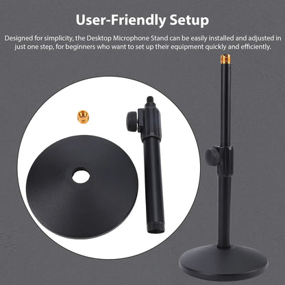 Black heavy duty metal desktop microphone stand with gold threaded top and adjustable height desk mic stand mechanism