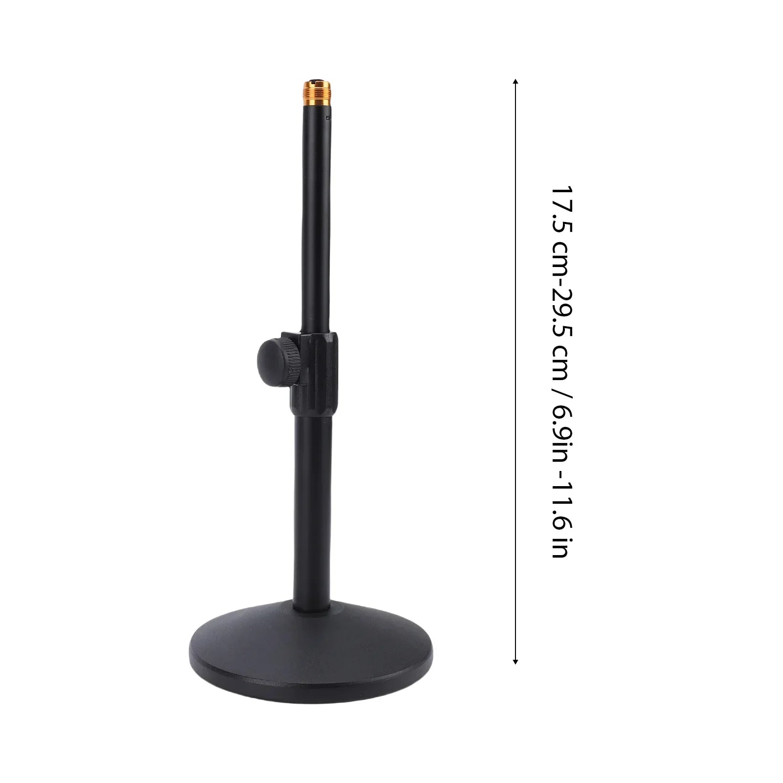 Black heavy duty metal desktop microphone stand with adjustable height, gold threaded top, and non-slip circular base
