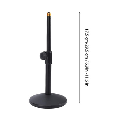 Black heavy duty metal desktop microphone stand with adjustable height, gold threaded top, and non-slip circular base