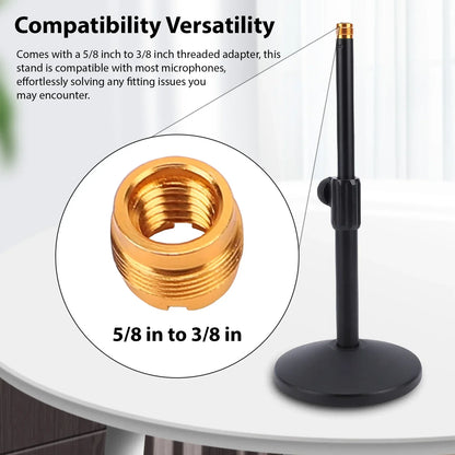 Black desktop microphone stand heavy metal with adjustable height and gold 5/8 to 3/8 adapter for recording use