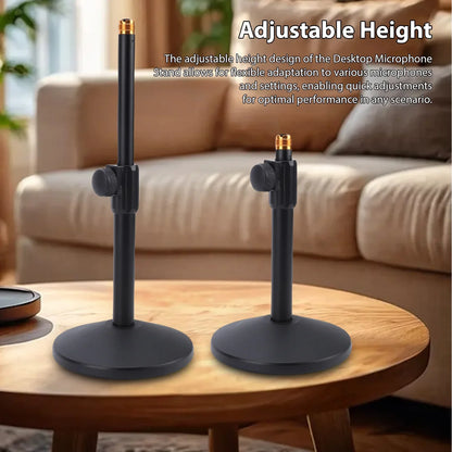 Black adjustable height desk microphone stand heavy duty metal with gold threaded top and non slip pads for recording