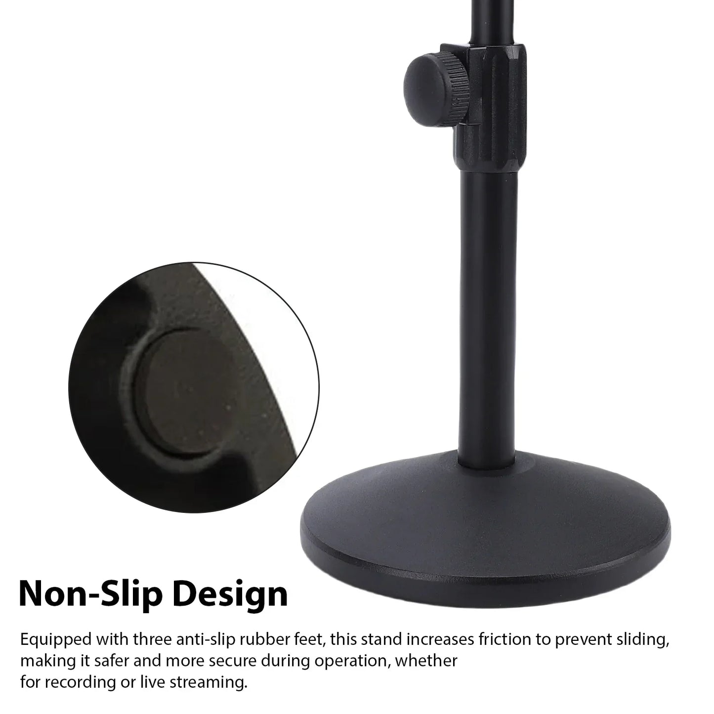 Black adjustable height desktop microphone stand with heavy duty metal construction and non-slip rubber feet for stability