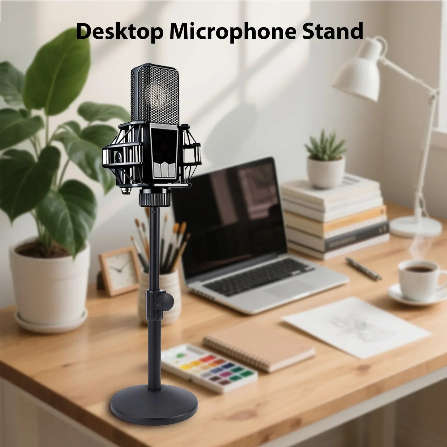Black desktop microphone stand heavy duty metal with adjustable height desk feature supporting vintage condenser mic