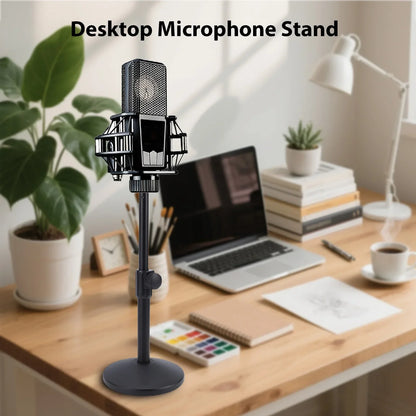 Black desktop microphone stand heavy duty metal with adjustable height desk feature supporting vintage condenser mic