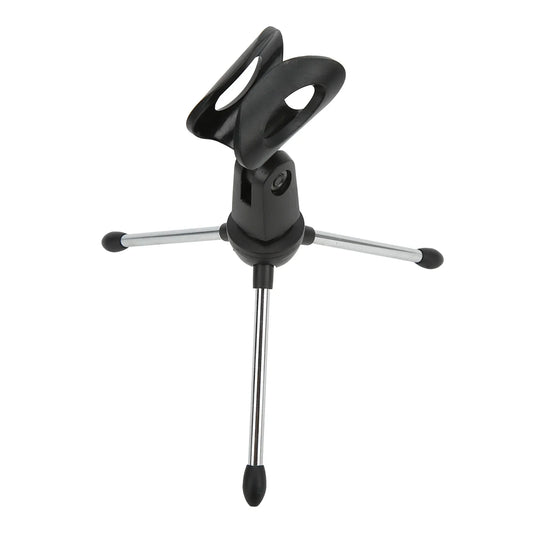 Black plastic and chrome metal desktop microphone stand with adjustable clamp stainless steel table microphone holder