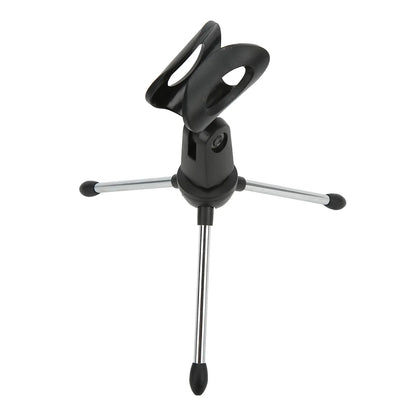 Black plastic and chrome metal desktop microphone stand with adjustable clamp for live broadcast use