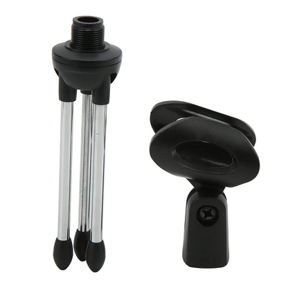 Black and chrome desktop microphone stand with rubber feet and adjustable table microphone holder clip clamp for live broadcast