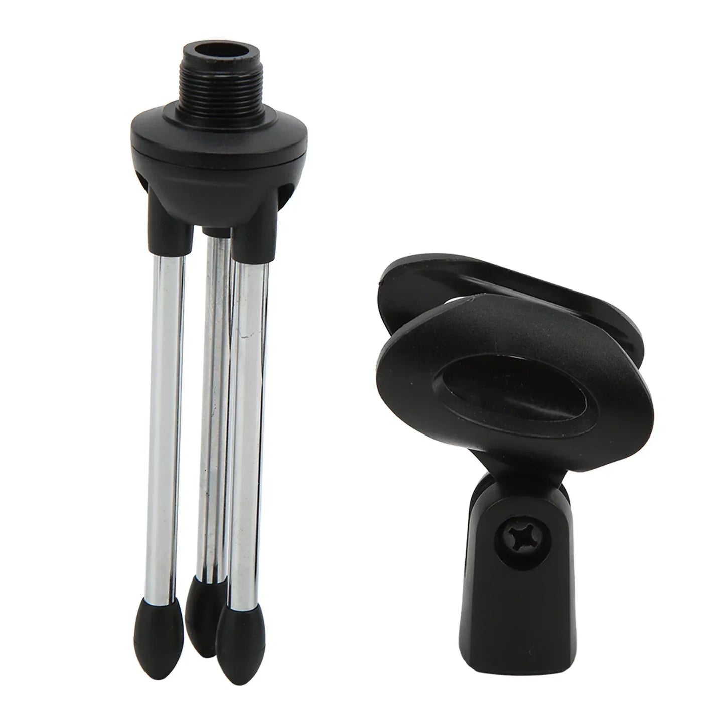 Black and chrome desktop microphone stand with adjustable stainless steel frame rubber feet and microphone holder clip
