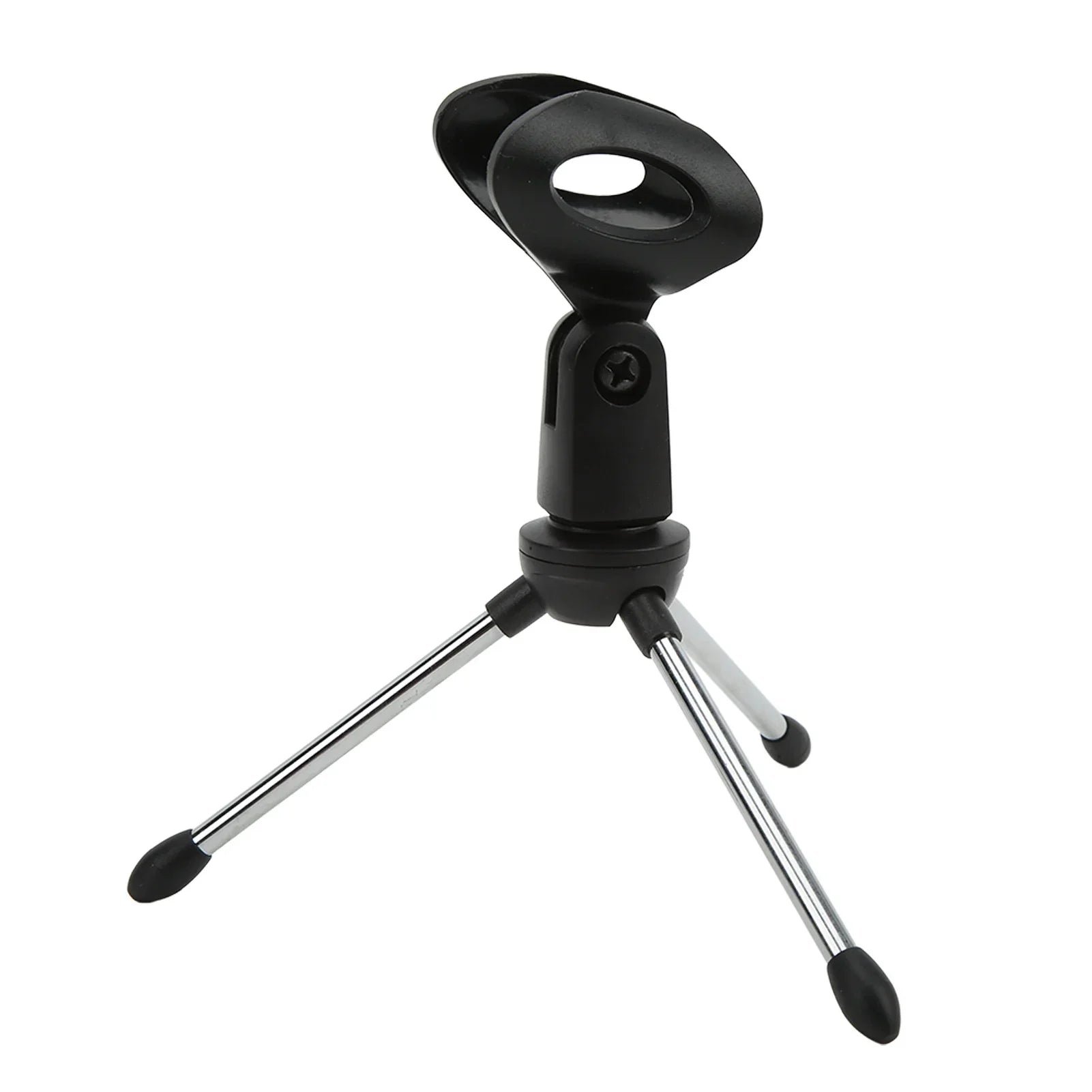 Black and silver stainless steel and plastic desktop microphone stand with adjustable clamp and anti skid table holder
