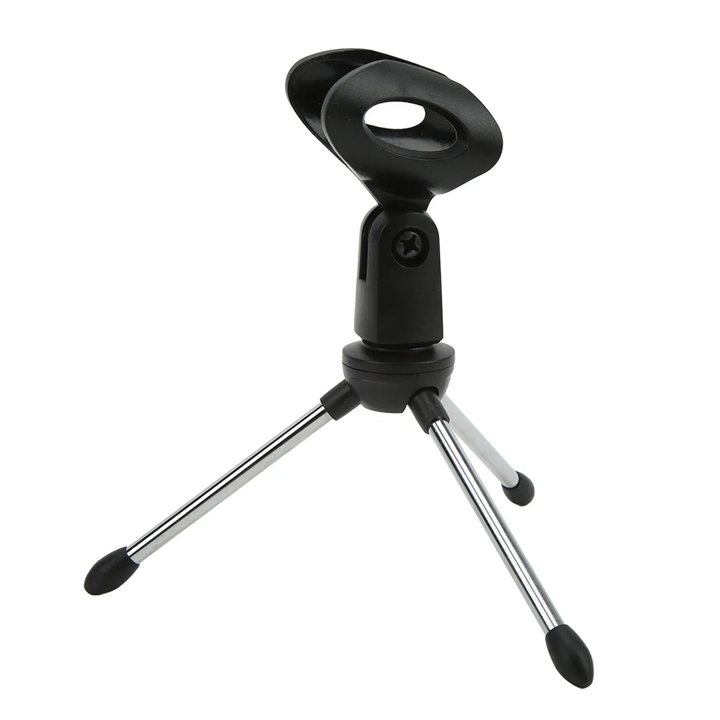 Black and silver stainless steel and plastic desktop microphone stand with adjustable clamp microphone holder for live broadcast