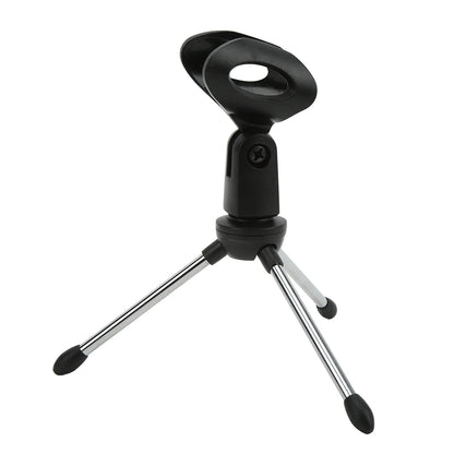 Black and silver stainless steel and plastic desktop microphone stand with adjustable clamp microphone holder for live broadcast