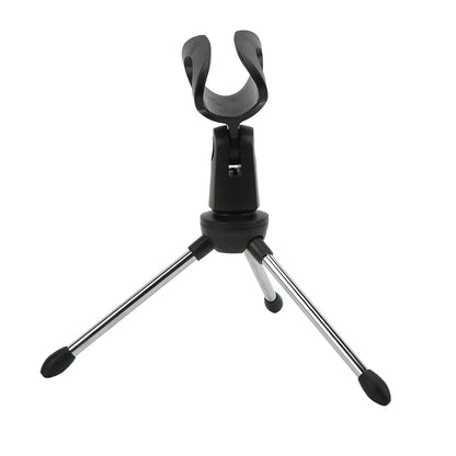 Black and silver stainless steel desktop microphone stand with curved clamp adjustable table microphone holder for live broadcast