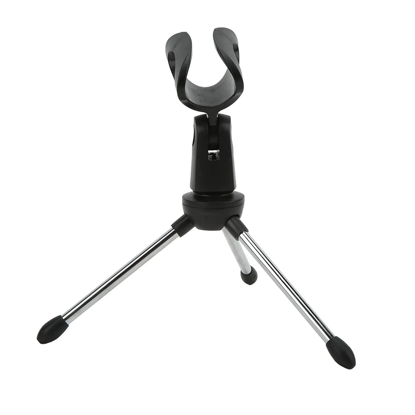 Black and silver stainless steel desktop microphone stand with adjustable curved clamp and anti skid table microphone holder