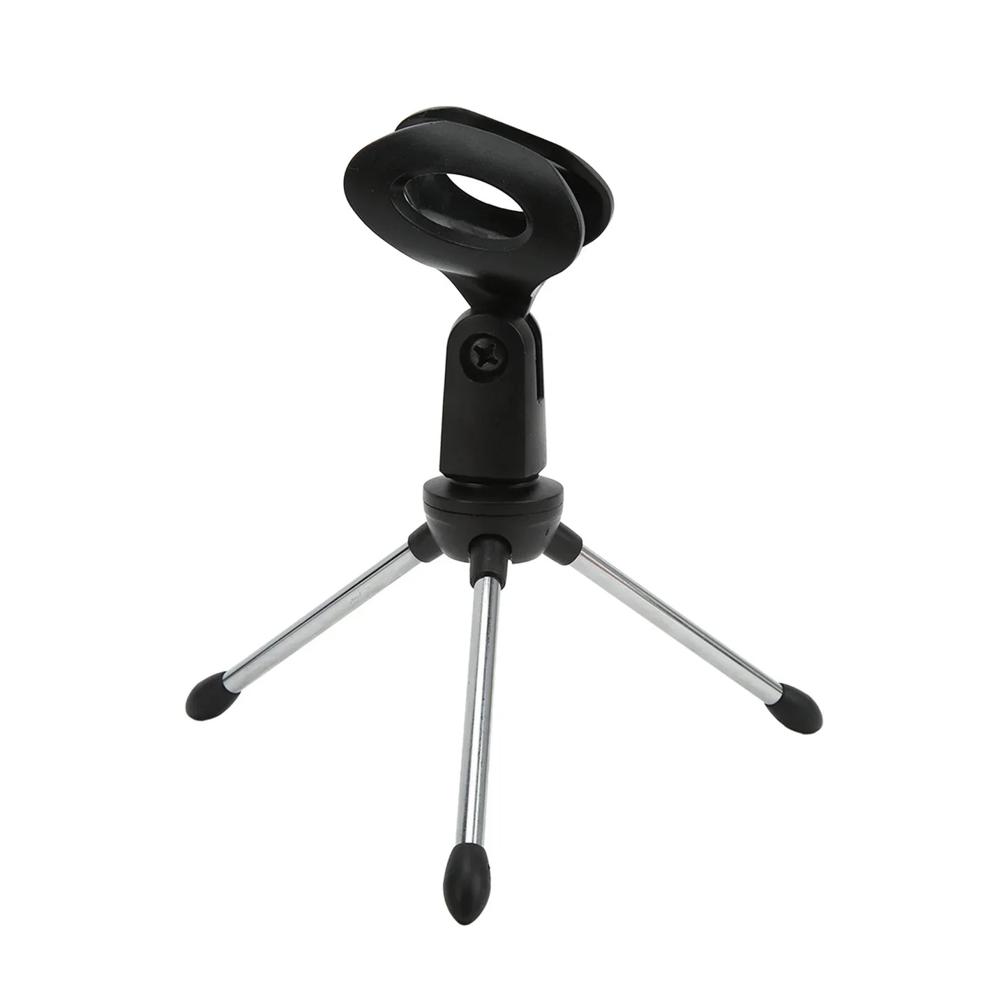 Black plastic desktop microphone stand with three silver metal legs rubber feet adjustable table microphone holder