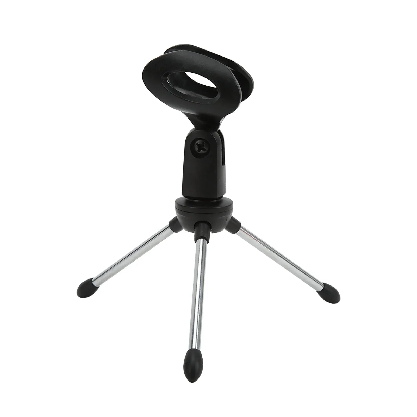 Black plastic desktop microphone stand with three silver metal legs rubber feet adjustable table microphone holder