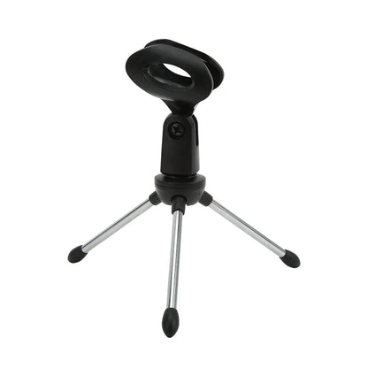 Black plastic desktop microphone stand with three silver metal legs rubber feet adjustable table microphone holder