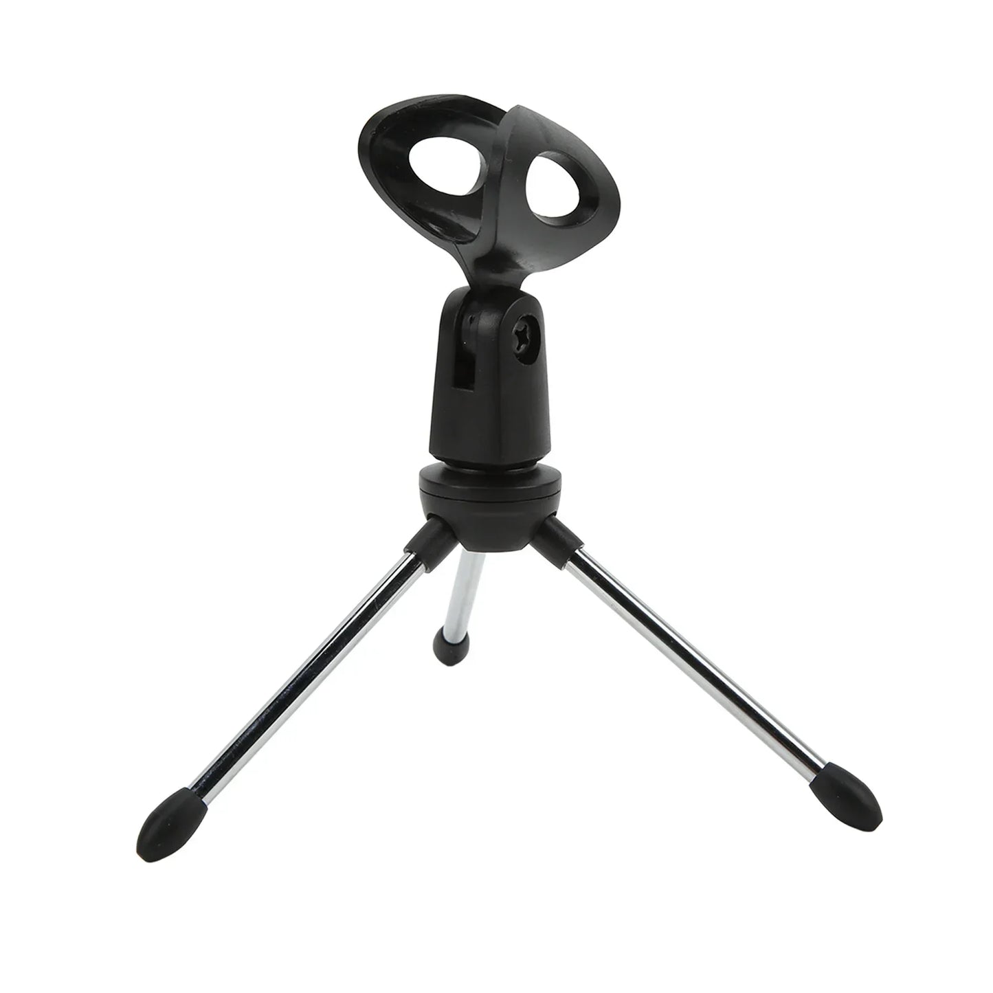 Black plastic desktop microphone stand with three silver metal legs and rubber feet adjustable table microphone holder