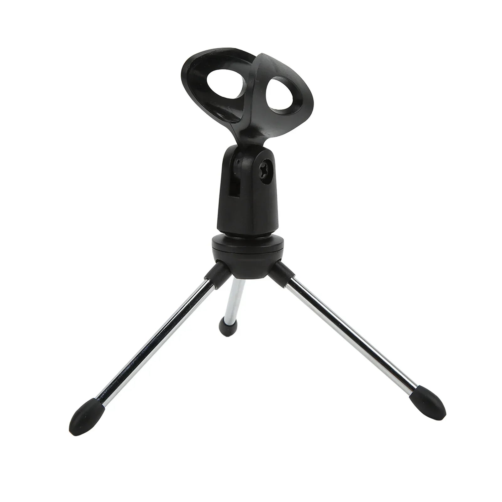 Black plastic desktop microphone stand with three silver metal legs and rubber feet adjustable table microphone holder