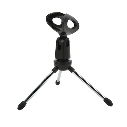 Black plastic desktop microphone stand with three silver metal legs and rubber feet adjustable table microphone holder
