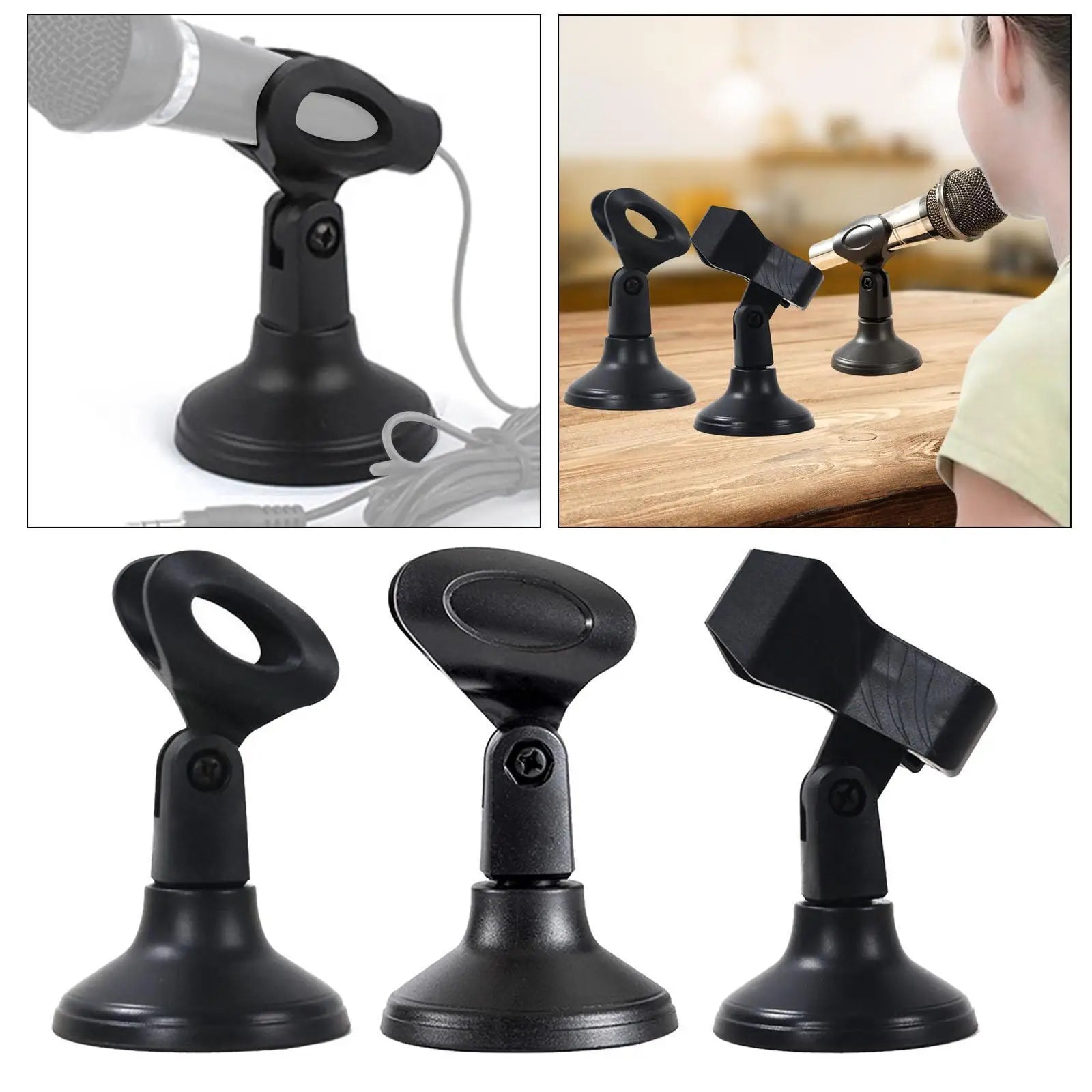 Black plastic desktop microphone stand with adjustable clamp and suction cup base for live streaming and type beat music
