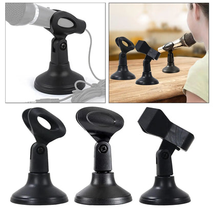 Black plastic desktop microphone stand with adjustable clamp and suction cup base for live streaming and type beat music