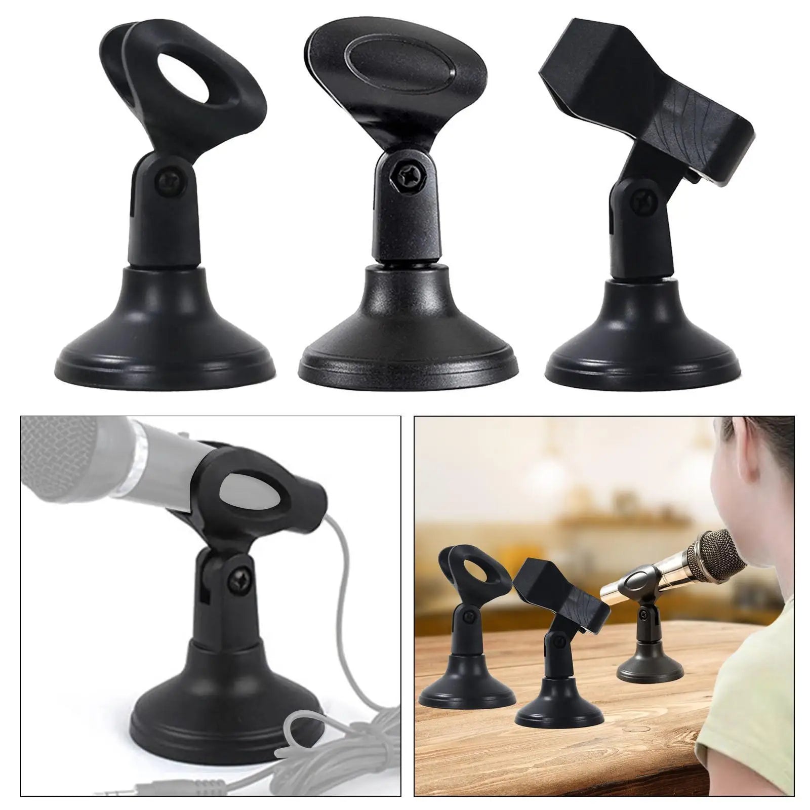 Black plastic desktop microphone stand with adjustable arm and suction cup base for live streaming and type beat music use