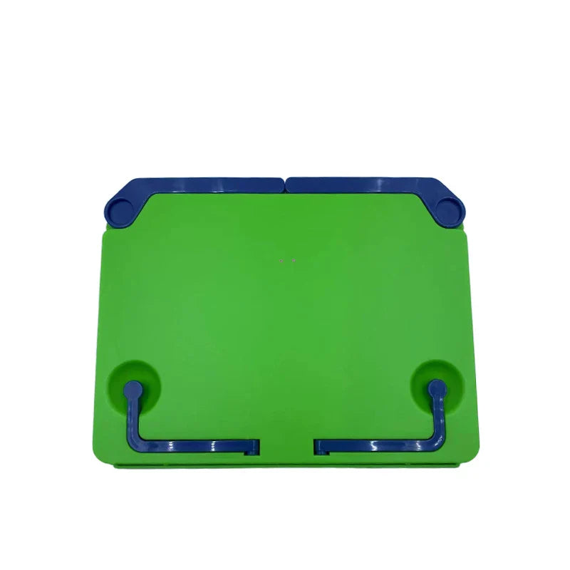 Green and blue plastic foldable desktop sheet music stand with rounded corners for children reading and foldable guitar use