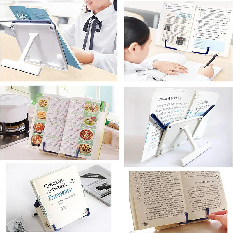 White adjustable plastic desktop sheet music stand with blue clips foldable children reading stand for guitar use