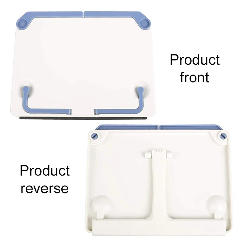 White and light blue plastic foldable desktop sheet music stand with suction cups for children reading and guitar use
