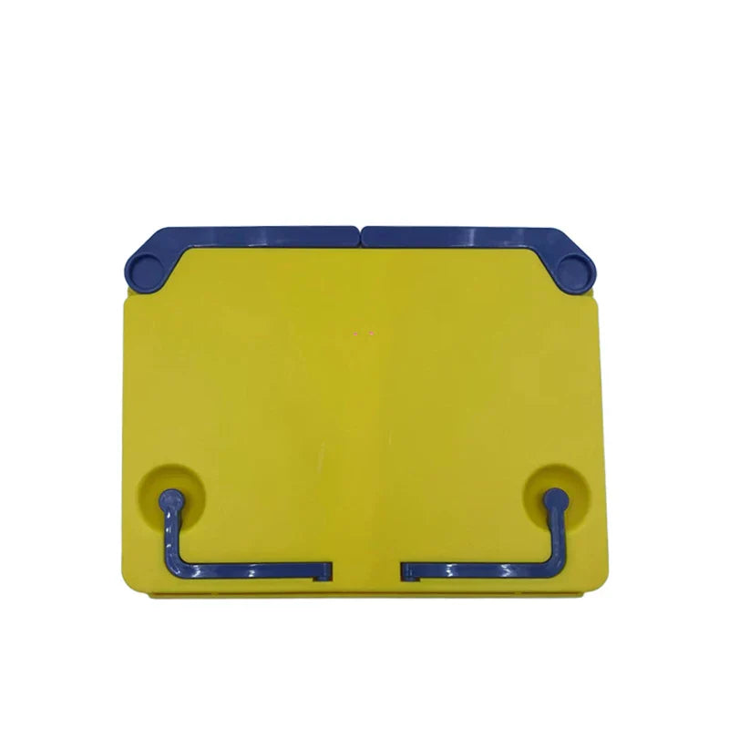 Bright yellow plastic desktop sheet music stand with blue accents and adjustable foldable arms for children reading stand and guitar use
