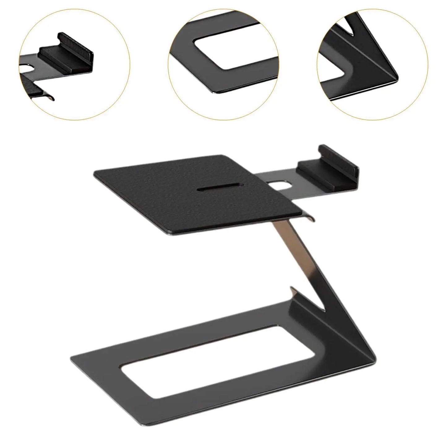 Black metal desktop speaker stand with 6° incline design and vibration absorption pad for game room bookshelf use