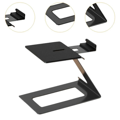 Black metal desktop speaker stand with 6° incline design and vibration absorption pad for game room bookshelf use